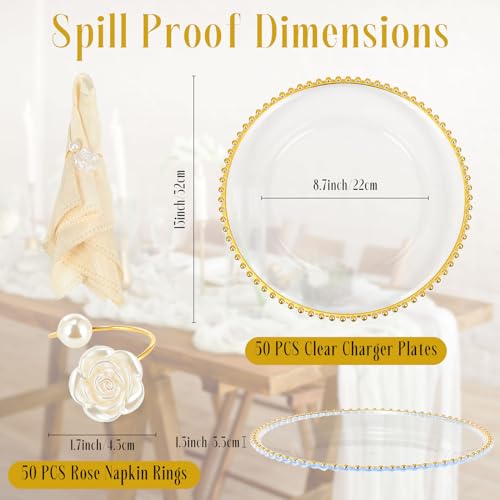 Tioncy 100 Pcs Clear Charger Plates Bulk Beaded Charger Plates and Napkin Rings 13 Inch Plastic Round Chargers for Dinner Plates Wedding Party Event Table Decoration(Gold)