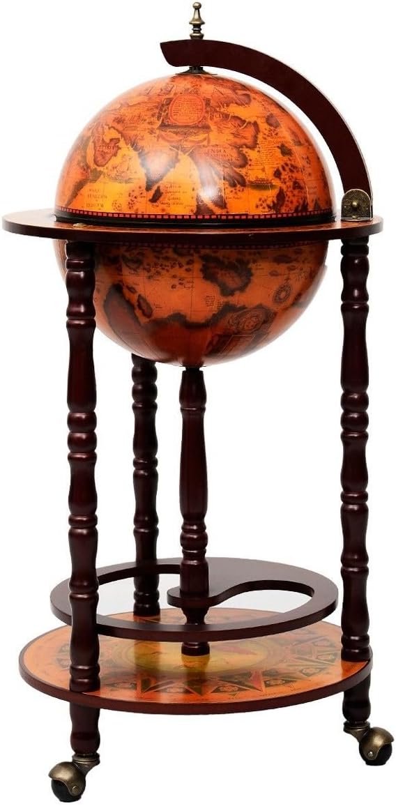 36 Inches 18lbs 16th Century Vintage Italian Wood Globe Earth Old World Map Stand Bottle Shelf Rack Bar with Wheels for Liquor Wine Whiskey