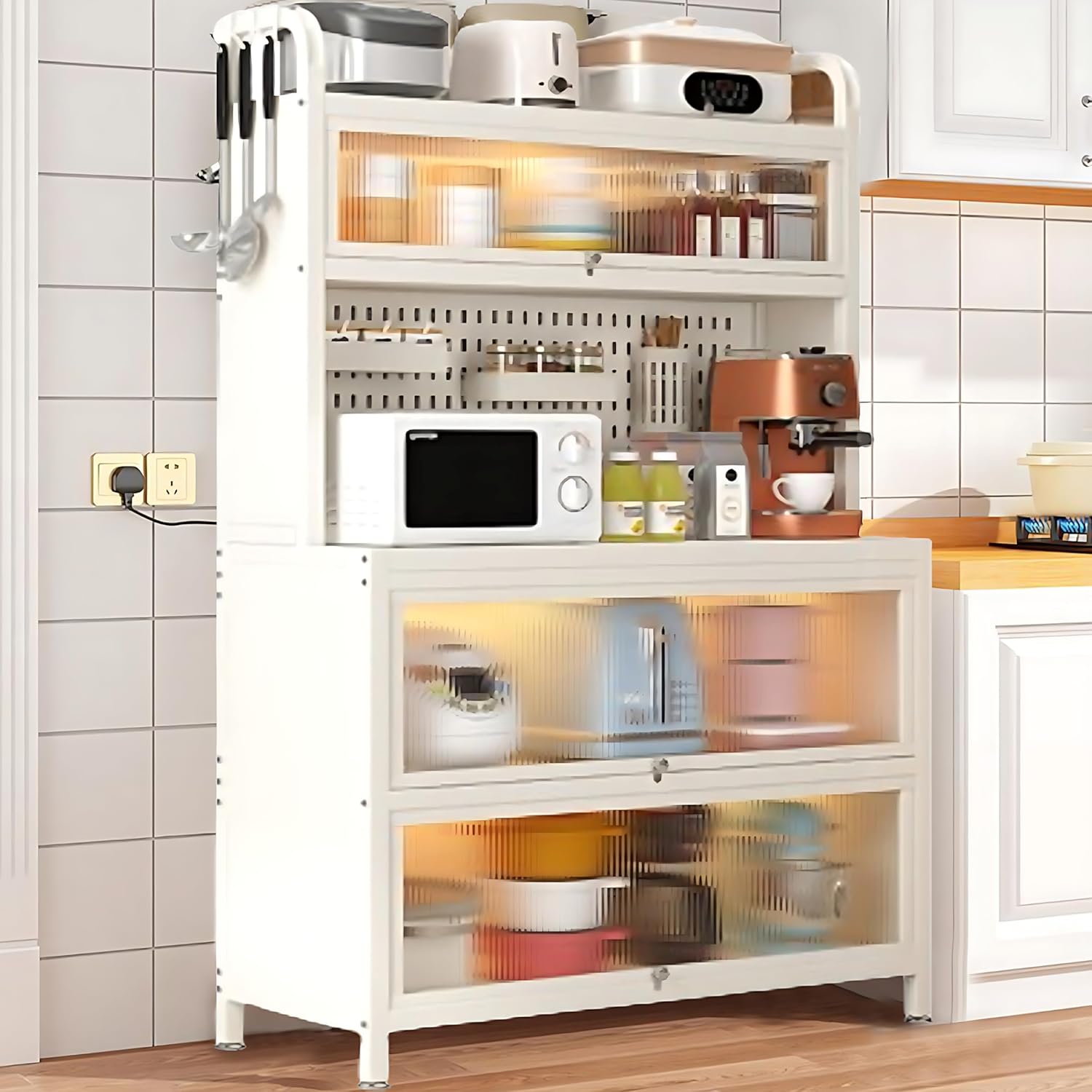 5-Tier Bakers Rack for Kitchen, Kitchen Storage Cabinets with Flip Door, Microwave Stand with Storage, for Kitchen Hutch, Home, Office, Pantry, Garage, White