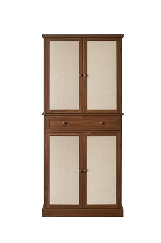 Kitchen Pantry Storage Cabinet, Tall Cabinet with 4 Rattan Doors and 1 Drawers, Freestanding Cupboard with Adjustable Shelves, Utility Pantry for Kitchen, Dining Room (Walnut)