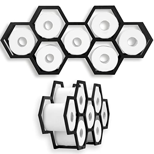 Honeycomb Toilet Paper Holder, Hold 7 Rolls Modern Floating Honeycomb Toilet Paper Holder Stand Modern Wooden Toilet Paper Storage Shelves for Toilet Tissue Honeycomb (Black)
