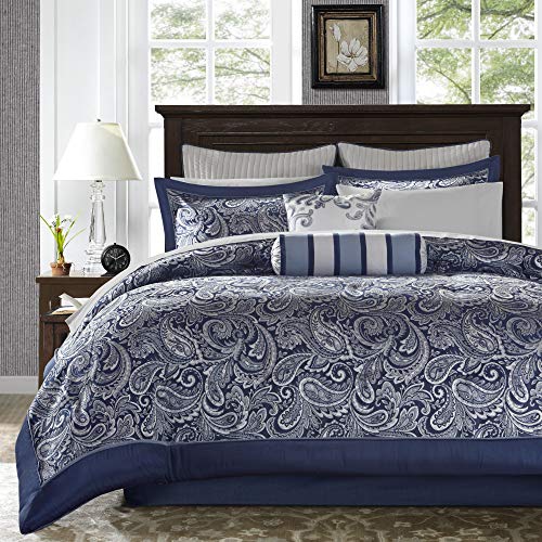 Madison Park Aubrey Cozy Comforter Set, Faux Silk Jacquard Paisley Design - All Season Down Alternative Bedding with Cotton Bed Sheets, Bed Skirt & Toss Pillows, California King Black 12 Piece