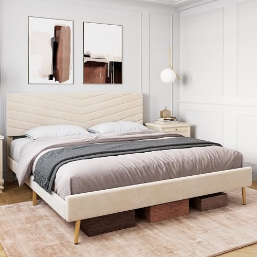 GAOMON King Size Bed Frame, Velvet Upholstered Platform Bed with Adjustable Headboard, Solid Wood Slats Support, No Box Spring Needed, Noise Free, Easy Assembly (King, Blue)