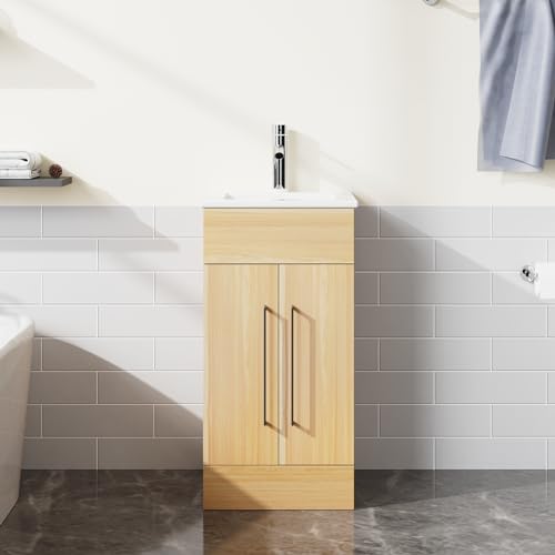 16” Bathroom Vanity Sink Combo for Small Space, Pedestal White Sink Storage Cabinet with 2 Doors, Oak
