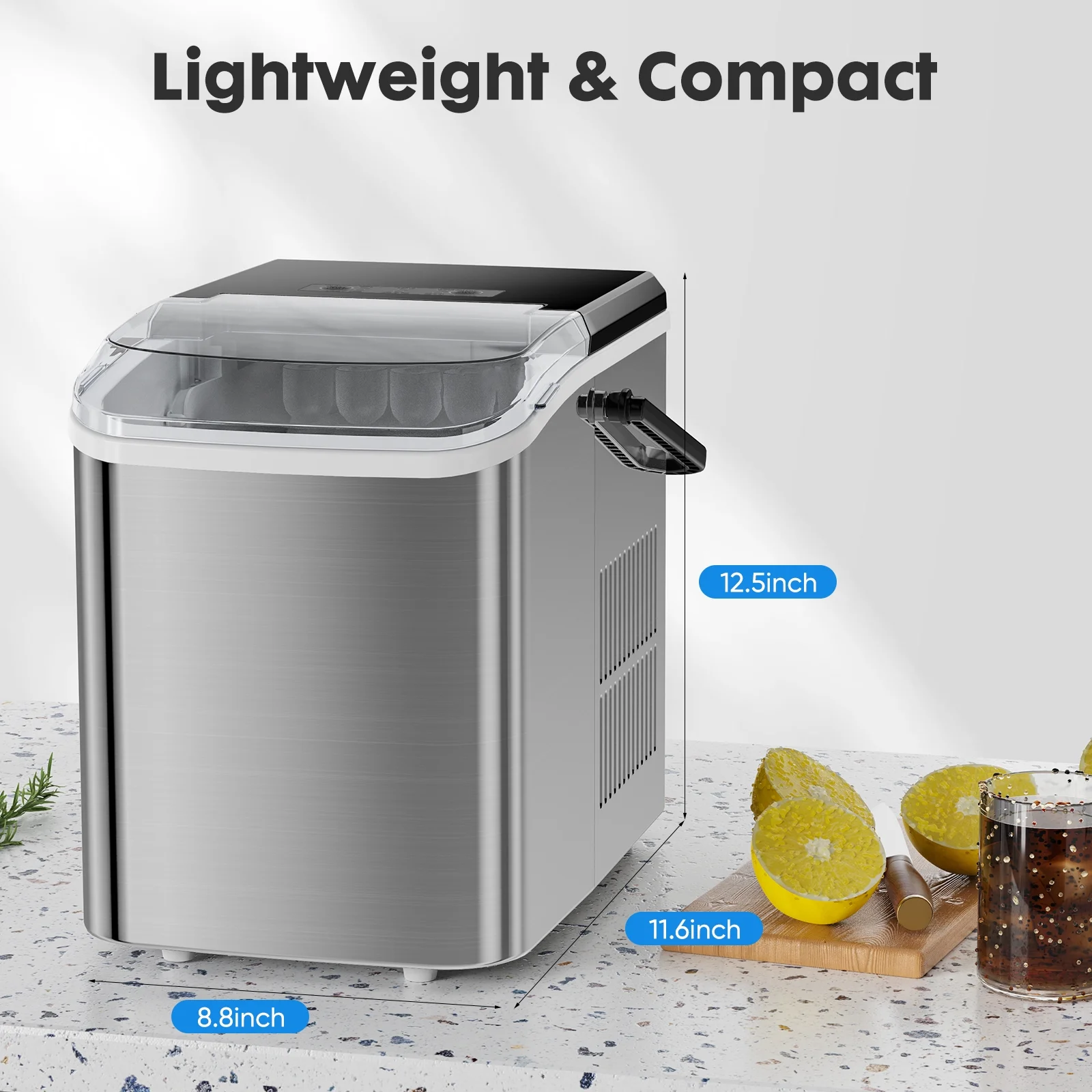 KPUY Portable 1.5L Electric Ice Maker 26.5lbs/24H Touch Control With Self-Cleaning Function Add Water & Ice Full Indicator Low Noise Silver