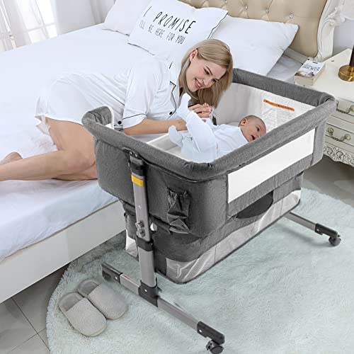 Bedside Sleeper Bedside Crib, Baby Bassinet 3 in 1 Travel Baby Crib Baby Bed with Breathable Net,Adjustable Portable Bed for Infant/Baby(Deep Grey)