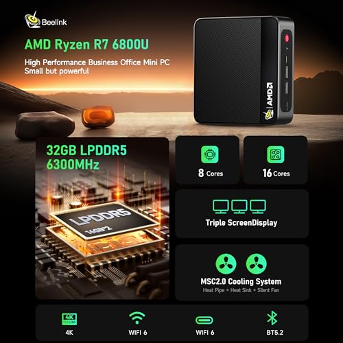 Beelink Mini PC, AMD Ryzen 7 6800U(up to 4.7GHz), 32GB LPDDR5 1TB PCIe4.0, Radeon 680M Graphics Triple 4K Display, Wi-Fi 6/BT5.2, Office Mini Desktop Computer