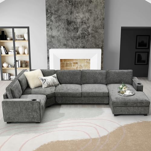 Merax Modern U-Shaped Cloud Couch Set with Oversized Chaise Lounge, Chenille 6-Seat Sectional Sofa Sleeper Bed with Cup Holders for Living Room Dark Gray