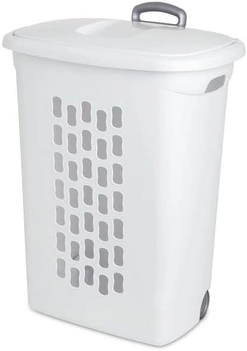 Wheeled Laundry Hamper White with Retractable Handle Large Portable Rolling Laundry Basket With Lid For Dirty Clothes - Made In USA