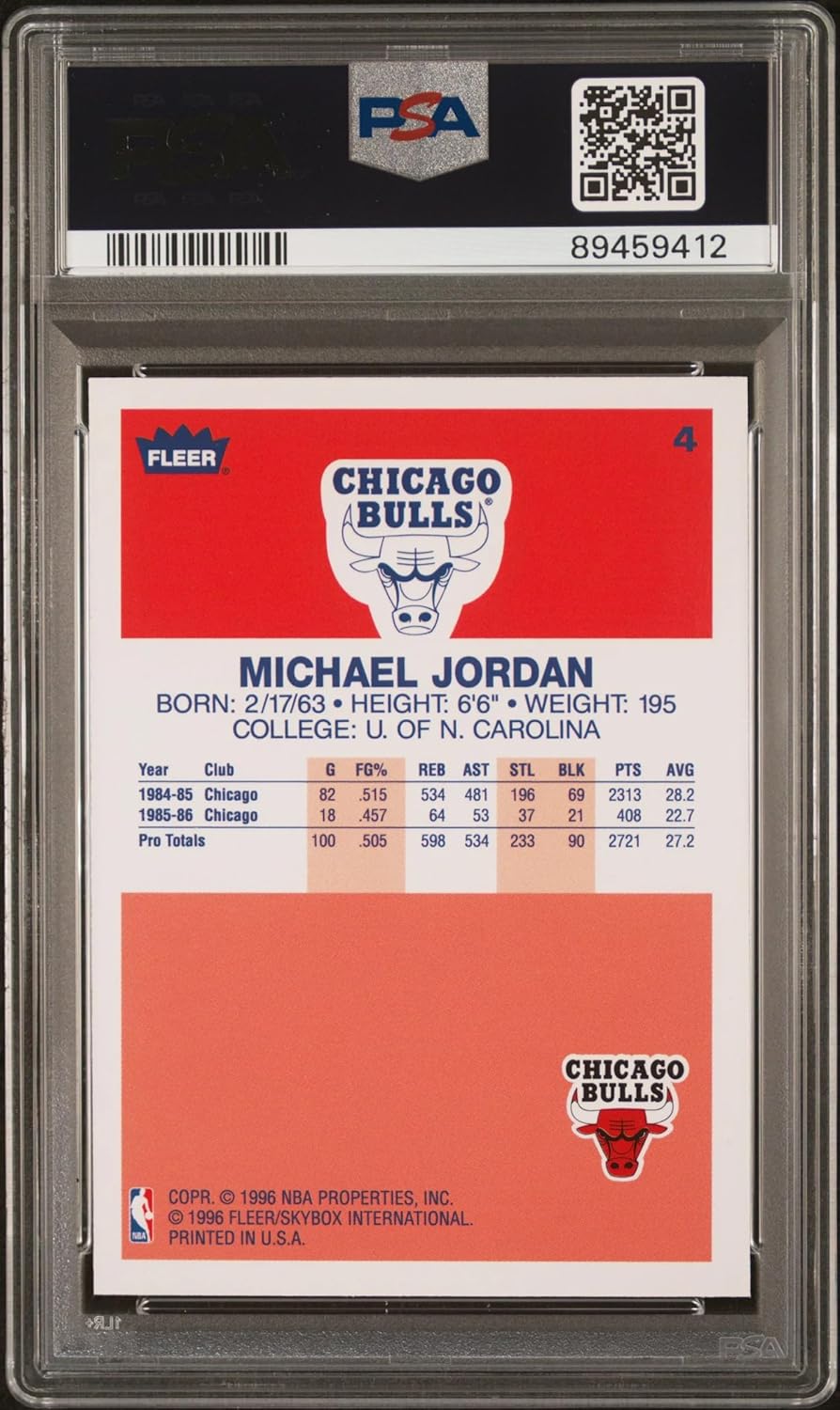 Graded 1996 Fleer Michael Jordan #4 Decade of Excellence Rookie Reprint Basketball Card PSA 9 Mint