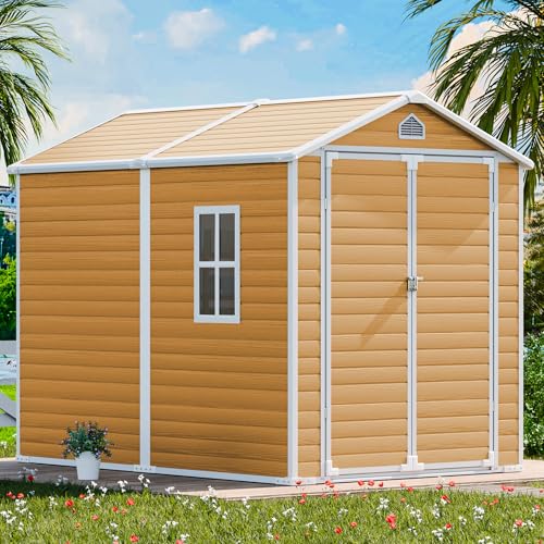 CDCASA 8x6 Feet Resin Storage Shed, Waterproof Outdoor Shed with Floor & Lockable Door & Window & Vents, Plastic Tool Shed for Backyard, Patio, Poolside, Lawn, Dove Grey