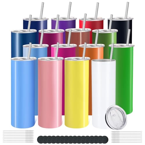 16 Pack Skinny Tumblers 20oz Bulk Straight Stainless Steel Double Wall Vacuum Insulated Tumbler with Lid and Straw & Silicone Base for Travel, DIY, 16 Colors