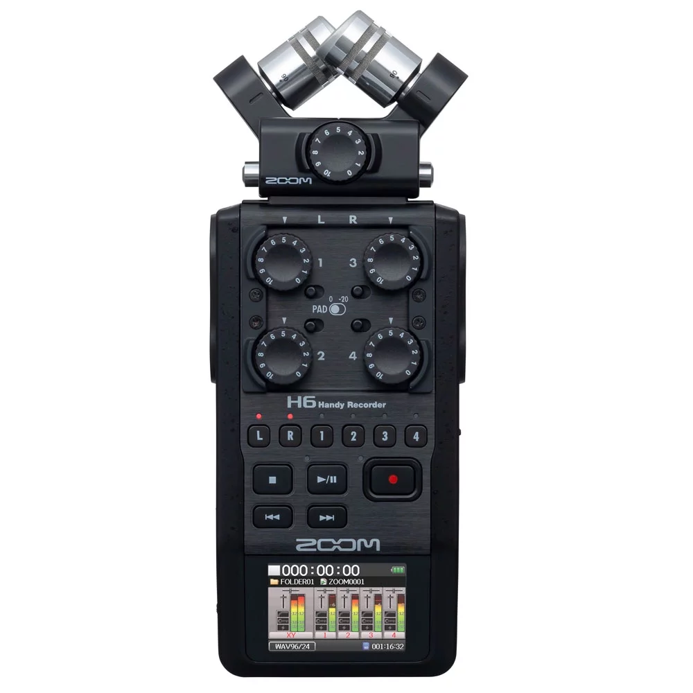Zoom H6 All Black 6-Input /6-Track Portable Handy Recorder with Single Mic Capsule + Headphones + Dynamic Microphone + 32GB Memory Card + Batteries and Charger + Accesories