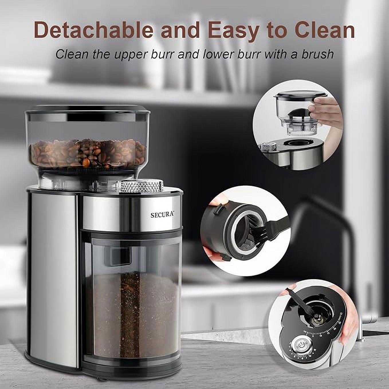 Open Box Secura Coffee Grinder Electric Conical Burr Coffee Grinder - Stainless Steel