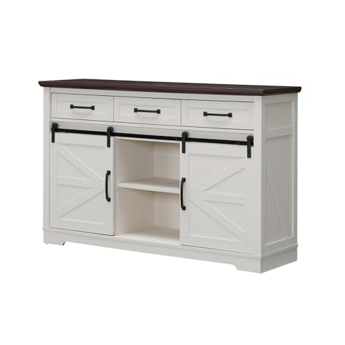 Farmhouse Buffet Cabinet with Storage, 53” Sideboard Cabinet w/2 Doors and 3 Drawers, Rustic Storage Cabinet w/Sliding Barn Door, Coffee Storage Cabinet for Dining Room, Living Room, Dark Grey