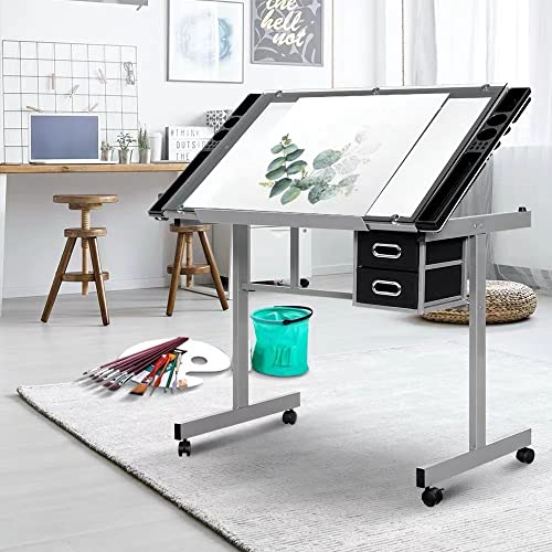 Glass Drafting Tables Drawing Desk - Adjustable Diamond Art Desk Versatile Art Craft Station Study Table for Artist Painters Painting in Home Office - Silver