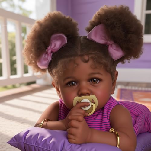 JIZHI Reborn Baby Dolls Black - 22 Inch Lifelike Soft Body Realistic-Newborn Baby Dolls Taupe Eyes Caramel Skin Tone Pink Striped Skirt Real Life and Toy Accessories Gift for Kids Age 3