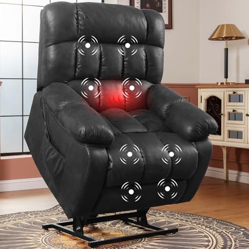 FLEXISPOT XL31 Power Lift Recliner Chair for Elderly, Electric Lift Chair with Massage & Heat, PU Leather Reclining Sofa w/Cup Holders, Side Pockets for Living Room Bedroom(Medium Size,Black)