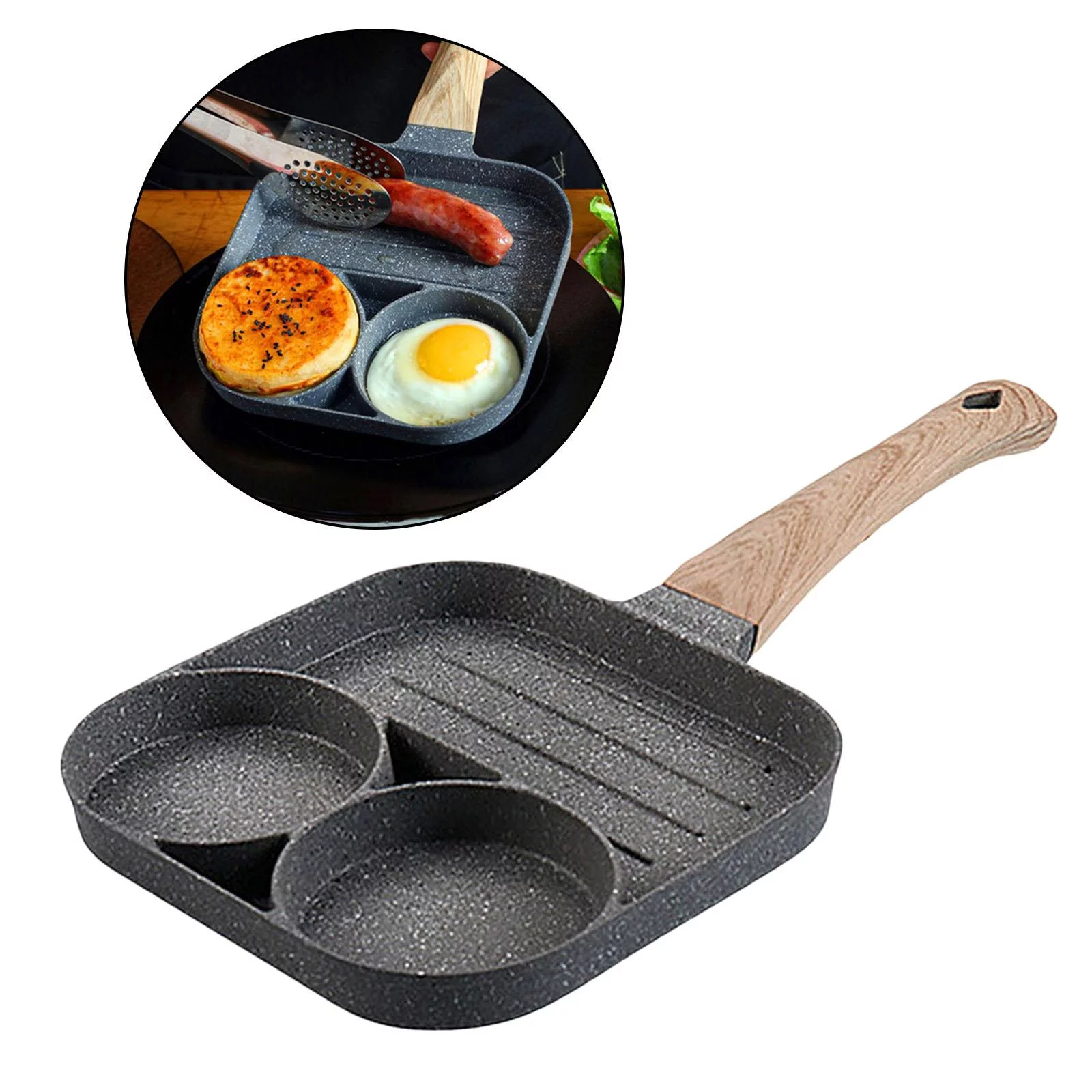 Medical Stone Egg Frying Stick 3-Cup Steak Pancake Sausage Omelet Cooker Pan with Long Kitchen Cooking Tool