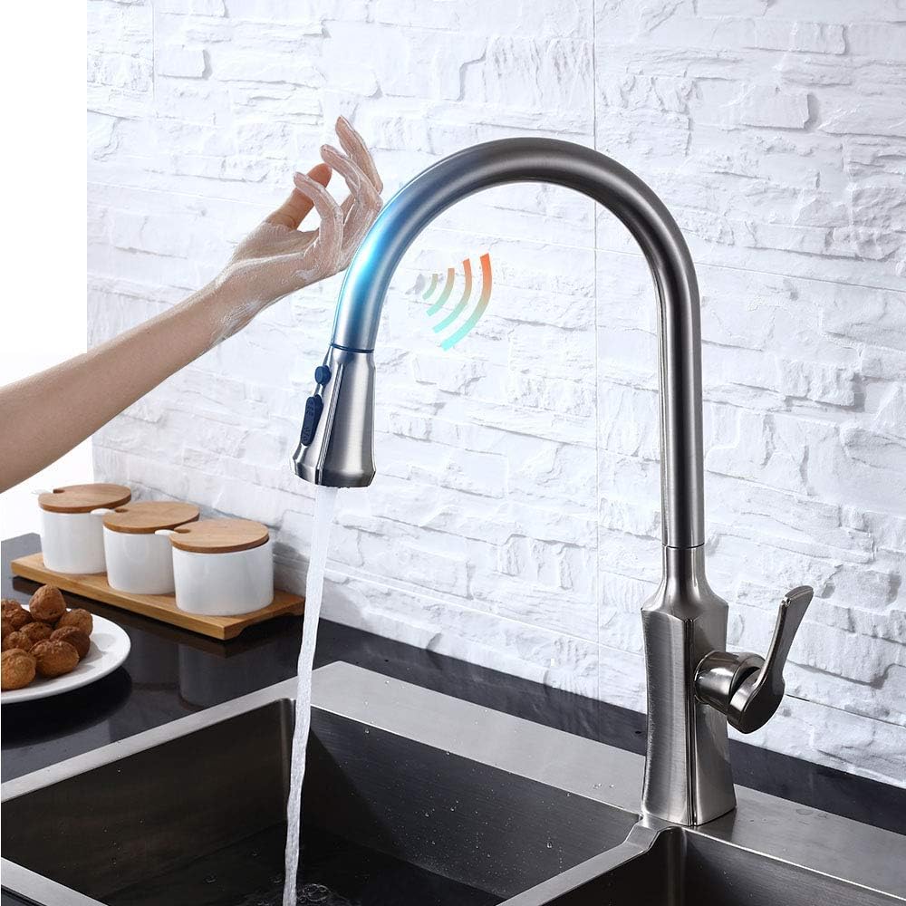 Sensor Automatic Kitchen Faucet, Stainless Steel Faucet Mixer Tap with Pull Down Sprayer, Single Handle Kitchen Faucet,Chrome ()