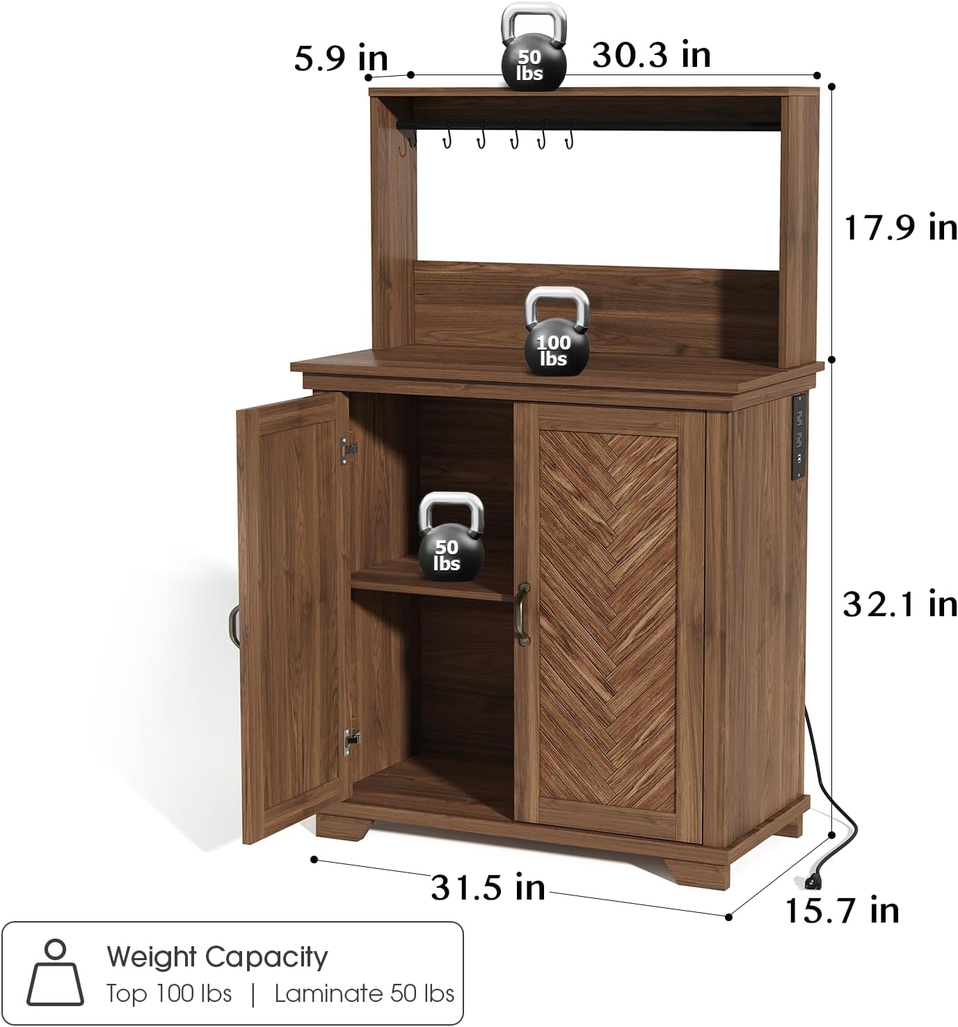 Coffee Bar Cabinet with Storage,Farmhouse Coffee Bar Table with Charging Station,Coffee Buffet Cabinet with 6 Hooks & Adjustable Shelf,Corner Coffee Bar Hutch for Living Dining Room,Kitchen,Walnut