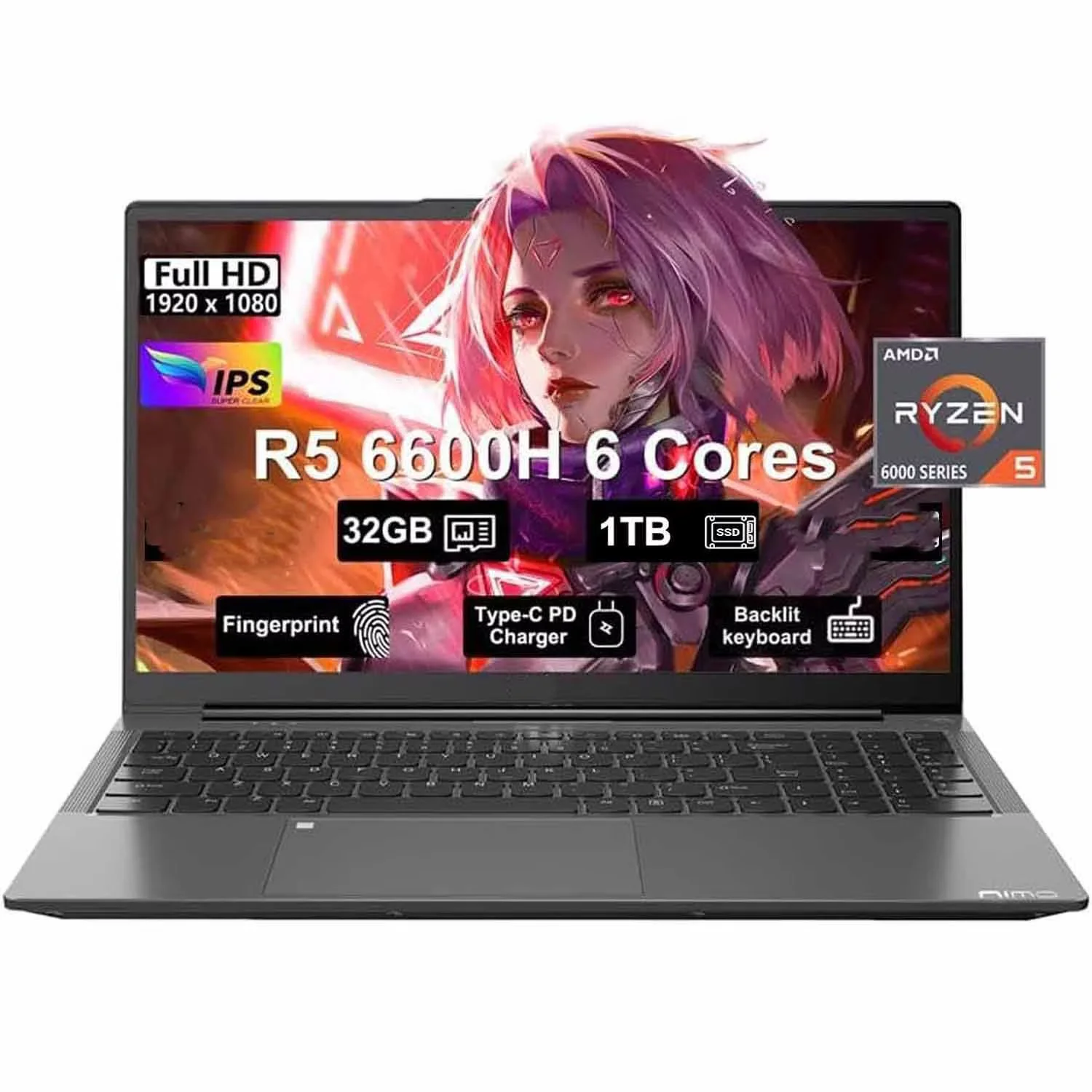 15.6" IPS FHD-Gaming-Laptop, AMD Ryzen 5 6600H 6-Cores 660M GPU 32GB DDR5 RAM 1TB SSD(Beat i7-1165G7, Up to 4.5GHz) Computer with 100W GaN Type C Fingerprint Backlit Keyboard Win 11