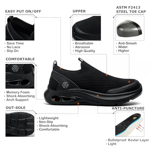 Steel Toe Shoes Men Lightweight Comfortable Work Shoes Slip-On Safety Shoes Walking Sneakers Puncture Proof Loafers