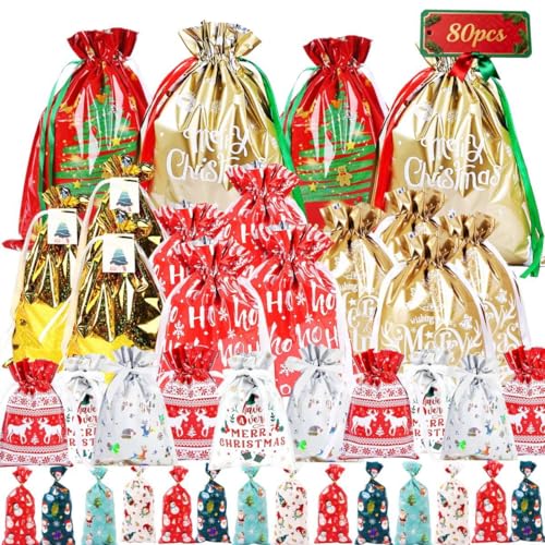 80PCS Christmas Gift Bags Set - 30pcs Assorted Size Drawstring Aluminum FoilGift Bags + 50pcs Plastic Treat Bags, Candy Biscuits Snack Bags, Festive Gift Bags for Christmas Party, Holiday Gifting, Xmas Decorations, Large Medium Small