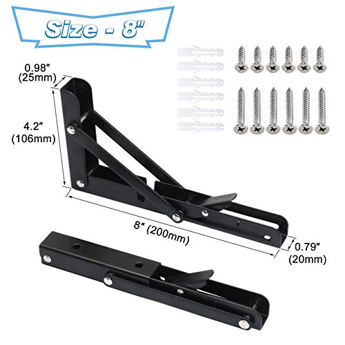KOOTANS 8 Inch Folding Shelf Brackets, Heavy Duty Wall Mounted Metal Collapsible Shelf Bracket for Bench Table, Workbench Supports, Space Saving DIY Bracket, Max Load 132LB/60KG, Pack of 2 with Screws