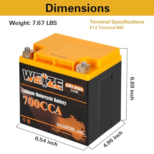 Weize Lithium YTX30L-BS, 700A Lithium LiFePO4 YTX30L Motorcycle Battery, 12V 10AH ATV, UTV, Jet Ski, Scooter, Lawn Mower, Tractor, Generator Battery, Built-in Smart BMS