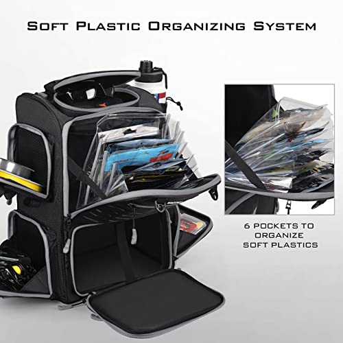KastKing Bait Boss Fishing Tackle Backpack with Rod Holders-4 Tackle Boxes-Rain Cover,43L Large Storage for Fishing Gear