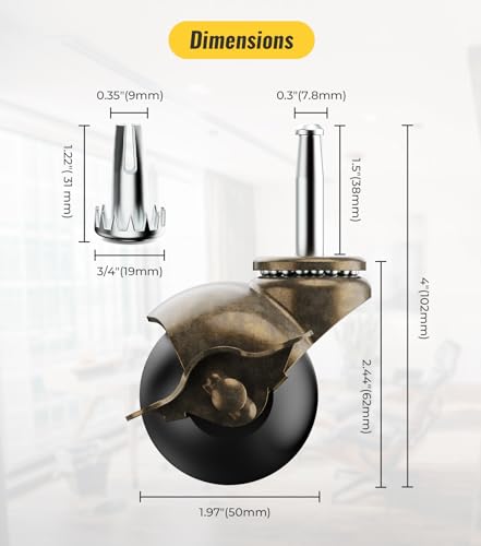 2 inch Ball Caster Wheels Locking Stem Casters, Furniture Casters Set of 4 Chrome Vintage Antique Swivel Caster, 5/16