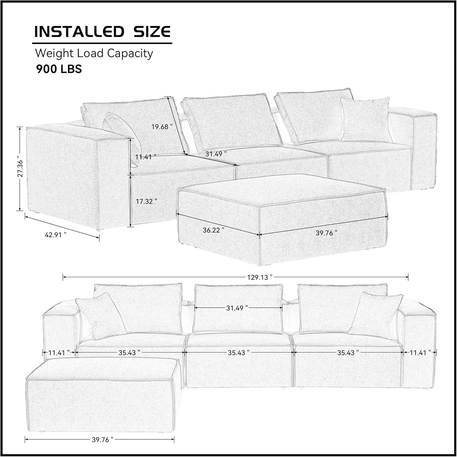 129.13 inches L Shaped Modular Sofa Couch with Ottoman, White Sectional Sofa with Reversible Chaise for Living Room Apartment Home Office (3 Seat)