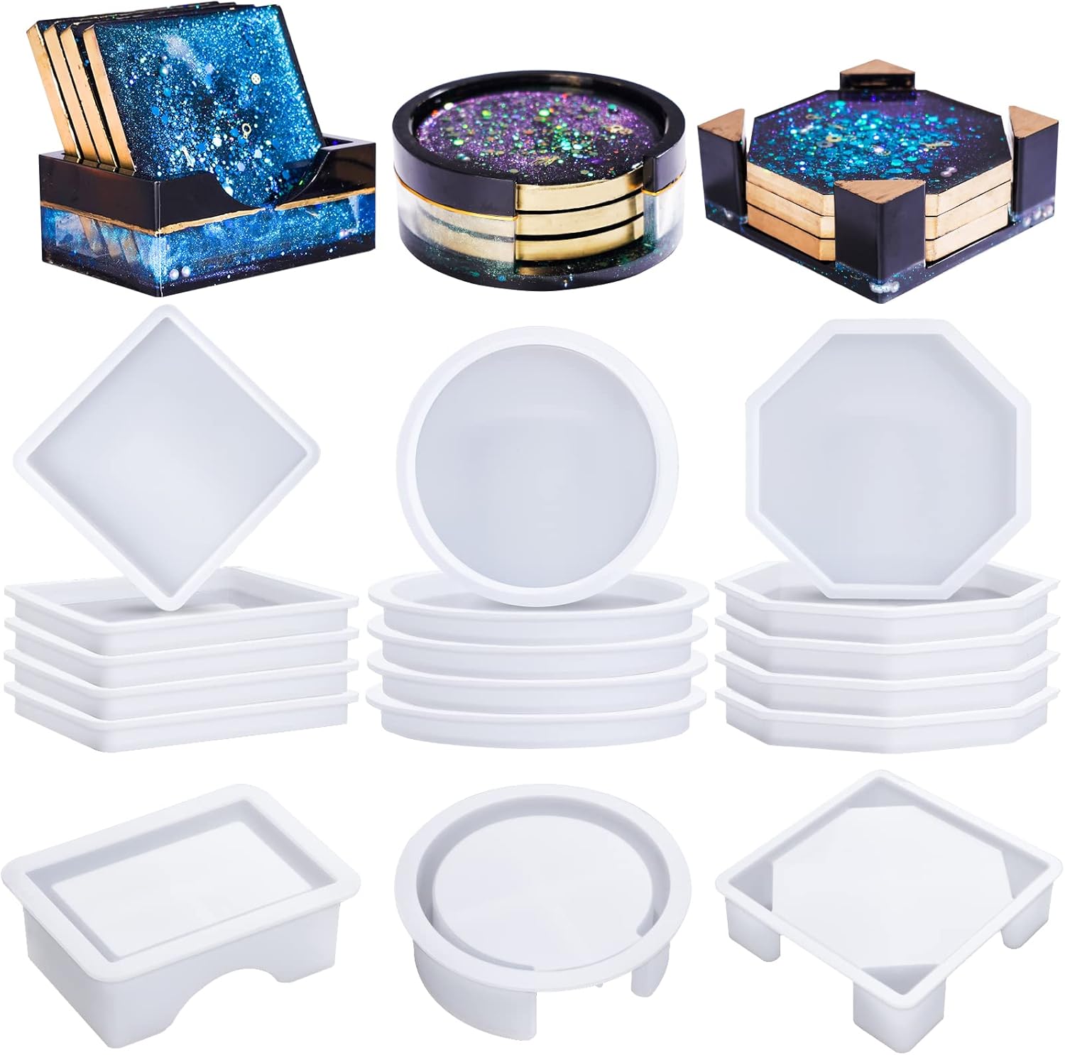 LET'S RESIN 18 Pcs Coaster Resin Molds Silicone, Coaster Molds with Round Square Octagon Shape Holder Molds for Epoxy Resin, DIY Art Craft Cup Mats