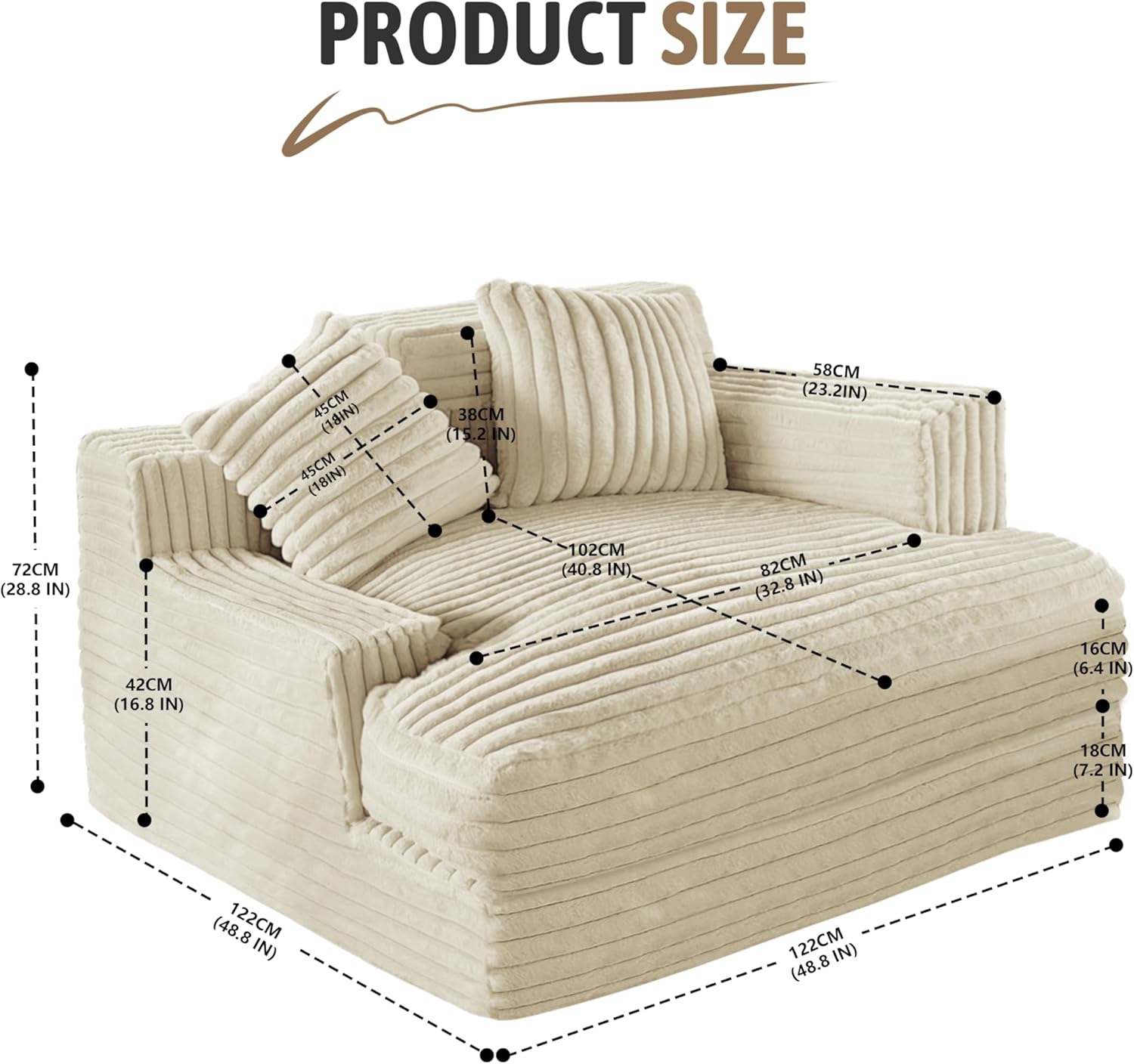 Chaise Lounge Chair Indoor Bedroom, Oversized Chaise Lounge Sofa Upholstered Soft Single Short Plush Couch Sofa Bed Sleeper Chair for Living Room with 2 Throw Pillows, Easy to Install