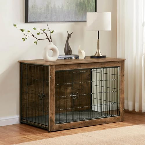 Dog Kennel Furniture, Wooden Dog Crate End Table, Heavy Duty Dog Crate, Decorative Pet Crate Dog Cage for Large Indoor Use (Rustic Brown) 27