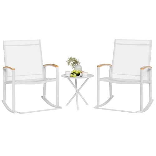 Shintenchi 3 Piece Outdoor Rocking Bistro Set, Textilene Fabric Small Patio Furniture Set, Front Porch Rocker Chairs Conversation Set with Table for Lawn, Garden, Balcony, Poolside (Black)
