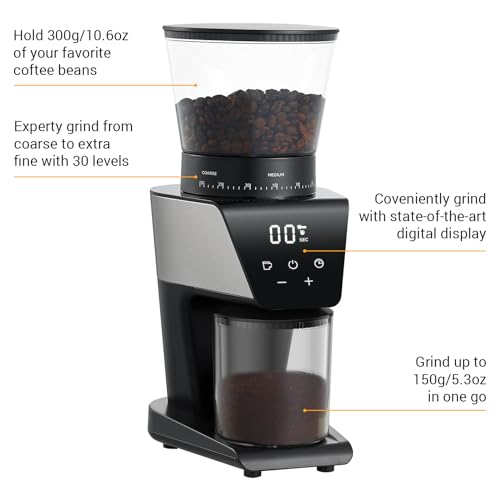 Ollygrin Electric Conical Burr Coffee Grinder, Coffee Bean Grinder Stainless Steel with Digital Timer Display, Coffee Bean Burr Mill Grinder with 30 Precise Grind Settings 12 Cups SilverV02S