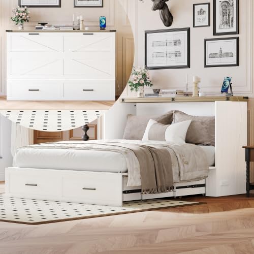 Queen Size Murphy Bed Cabinet with Charging Station, Farmhouse Murphy Bed with Large Storage Drawer, Foldable Wall Beds for Home Office, Small Room, White