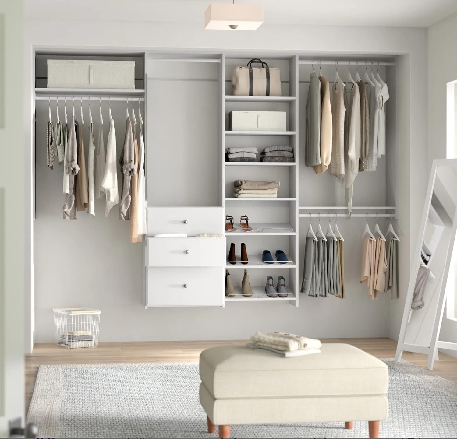 Dual Tower Closet Storage Wall Mounted Wardrobe Organizer Kit System with Shelves and Drawers for Bedroom in White with Hardware Wood Closet, Storage & Organization