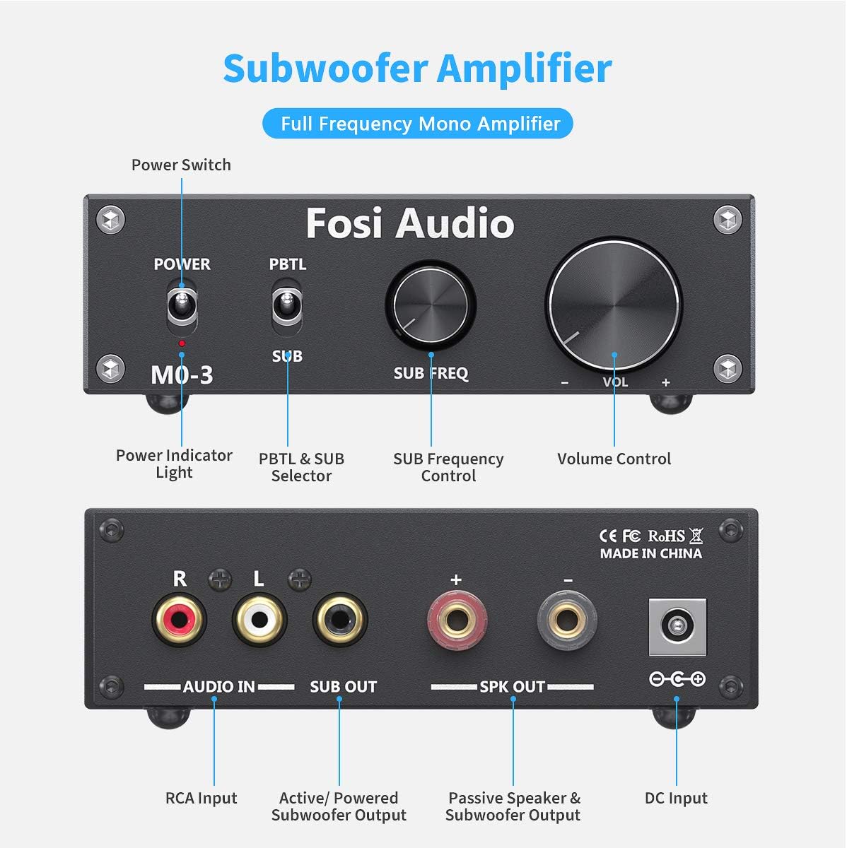 Fosi Audio M03 Subwoofer Amplifier 200 Watt Mini Mono Audio Amp Full-Frequency and Sub Bass Switchable Amplifier One Channel Home Theater Single Power Subwoofer Amp Pack of 2