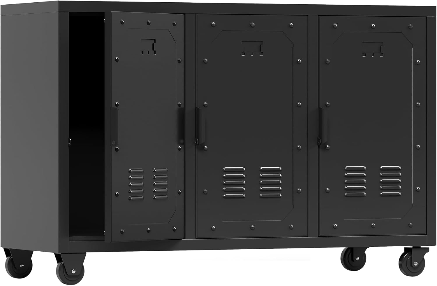 Metal Storage Cabinet with Wheels,Garage Storage Cabinet with 3 Doors,Sturdy and Durable Heavy Duty Utility Storage Cabinet for Office Kitchen Pantry Organizer Storage Room