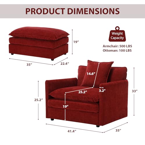 Oversized Accent Chair with Ottoman, Chenille Modern Living Room Chair Comfy Upholstered Armchair with Deep Seat Large Single Sofa for Bedroom Apartment, Blue