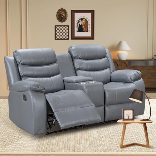 Air Leather Recliner Sofa, Manual Double Recliner with Cup Holder and Storage Space, Living Room/Bedroom/Meeting Room Double Recliner Sofa,Grey