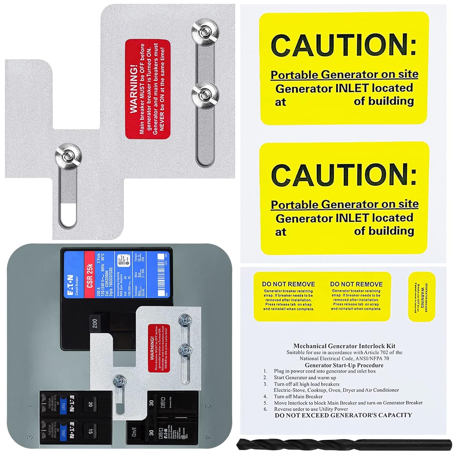 Generator Interlock Kit Compatible with Cutler Hammer BR Series 150 and 200 amp Panels, Generator Horizontal Electrical Interlock Kit, 1 1/4-1 7/16 inches Spacing Between Main and Branch Breaker