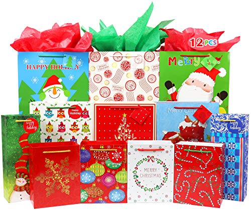 FZOPO Christmas Gift Bags Bulk Set Includes 4 Extra Large 4 Large 4 Medium with Handles Christmas Print Gift Bags Assorted Sizes for Wrapping Holiday Gifts (Variety Pack)