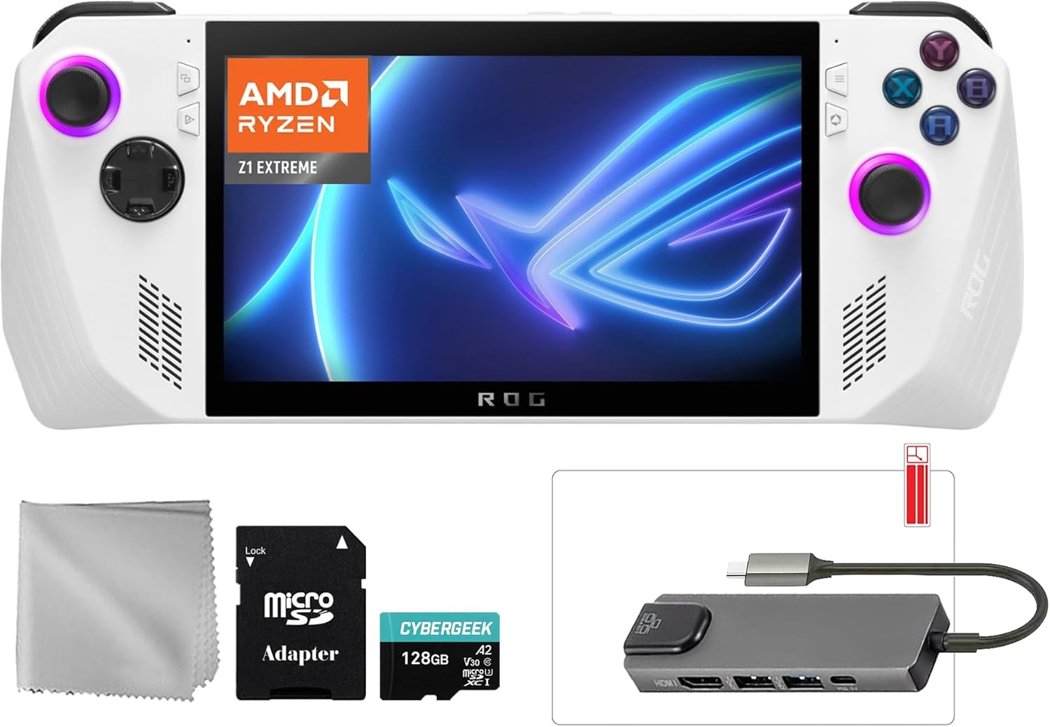 ASUS ROG Ally 512GB Gaming Handheld 7-inch Touchscreen 120Hz FHD 1080p AMD Ryzen Z1 Extreme Processor, Mytrix Hub, 128GB MicroSD Card, 4 Accessories: 5 in 1 Bundle, White