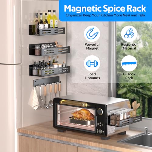 Fridge Side Organizers Magnetic Spice Racks for Refrigerator with 6-Hooks Spice shelves with Magnets for Refrigerator Side Fridge Side shelf Metal