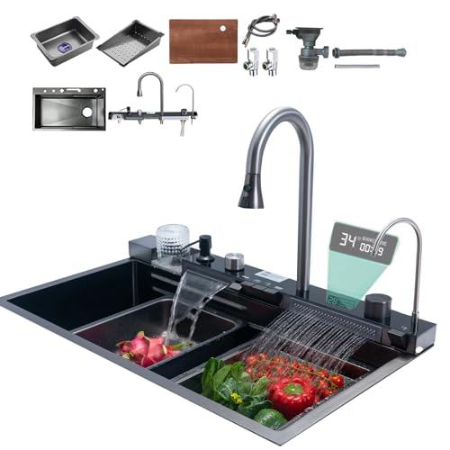 Kitchen Sink with Dual Waterfall Outlets,Digital Kitchen Sink with Cup Washer,Smart Sink with Pull-Out Faucet,304 Stainless Steel Kitchen Sink,Nano Kitchen Sink with All Accessories