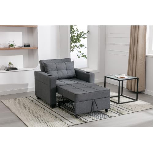 3-in-1 Sofa Bed Chair, Convertible Sleeper Chair Bed with 2 Cupholders & Adjust Backrest, Chaise Lounge Chair,Single Bed,Modern Chair Bed Sleeper for Living Room/Office/Small Apartment (Light Gray)